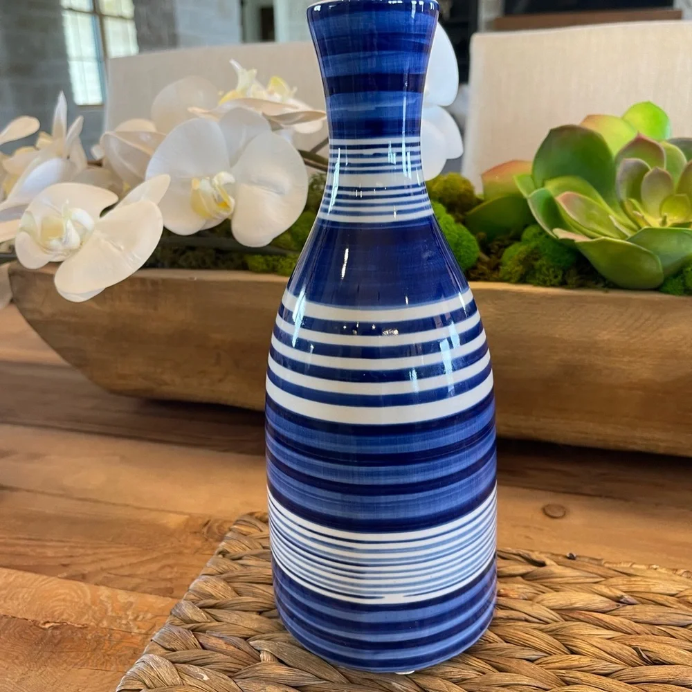 West Elm Blue and White Striped Accent Vase, Preppy, Nautical, Coastal